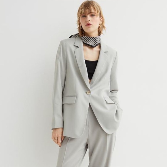 H&M‎ Blazer Oversized Gray One Button Business Casual Jacket XS - Picture 1 of 8